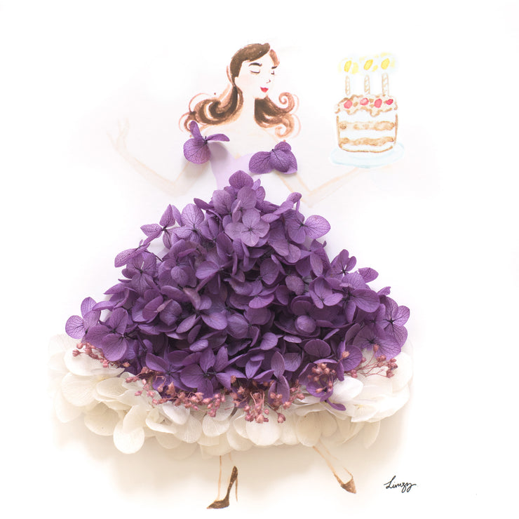 Artprint with Preserved Flowers-Dancing Birthday Girl-Royal Purple-Classic Square ( 25 x 25 cm )-Completed Piece-Love Limzy Co.