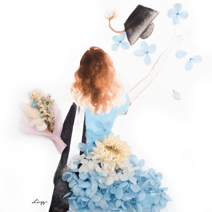 Artprint with Preserved Flowers-Graduation Girl-Sea Blue-Classic Square ( 25 x 25 cm )-Completed Piece-Love Limzy Co.