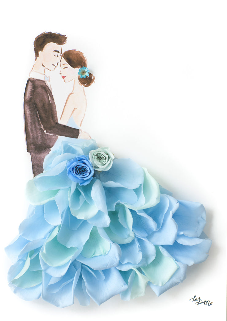 Artprint with Preserved Flowers-La Vie En Rose Couple-Sea Blue-Petite A5 ( 18 x 24 cm )-Completed Piece-Love Limzy Co.
