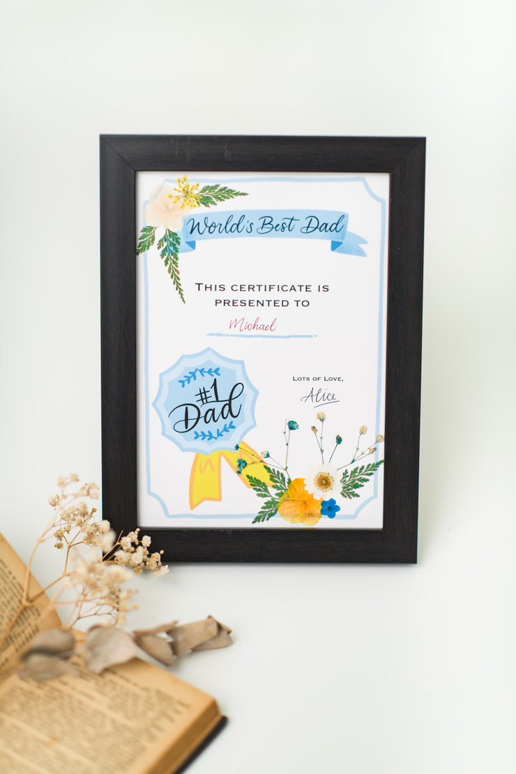 Artprint with Pressed Flower-Best Dad Cert-Classic Blue-Black-Love Limzy Co.