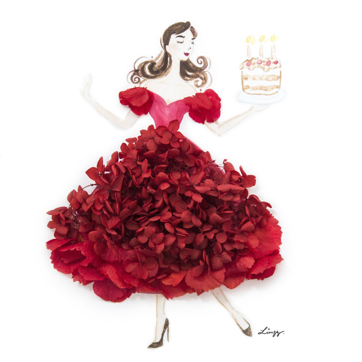 Artprint with Preserved Flowers-Dancing Birthday Girl-Russian Red-Classic Square ( 25 x 25 cm )-Completed Piece-Love Limzy Co.