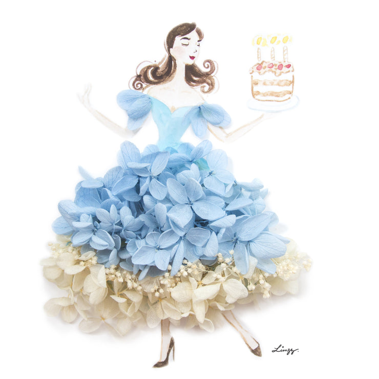 Artprint with Preserved Flowers-Dancing Birthday Girl-Sea Blue-Classic Square ( 25 x 25 cm )-Completed Piece-Love Limzy Co.