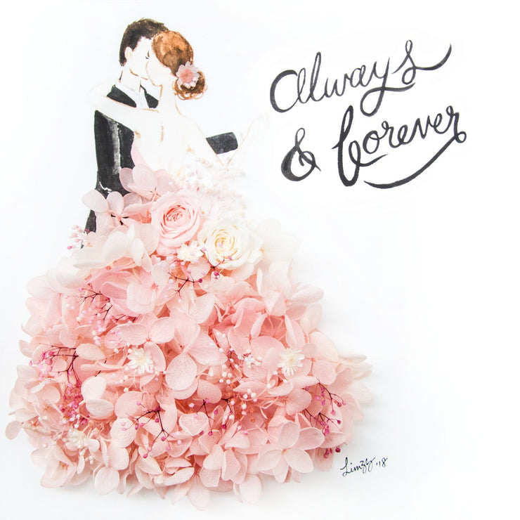 Artprint with Preserved Flowers-Dancing Couple-Peach Pink-Classic Square ( 25 x 25 cm )-Completed Piece-Love Limzy Co.