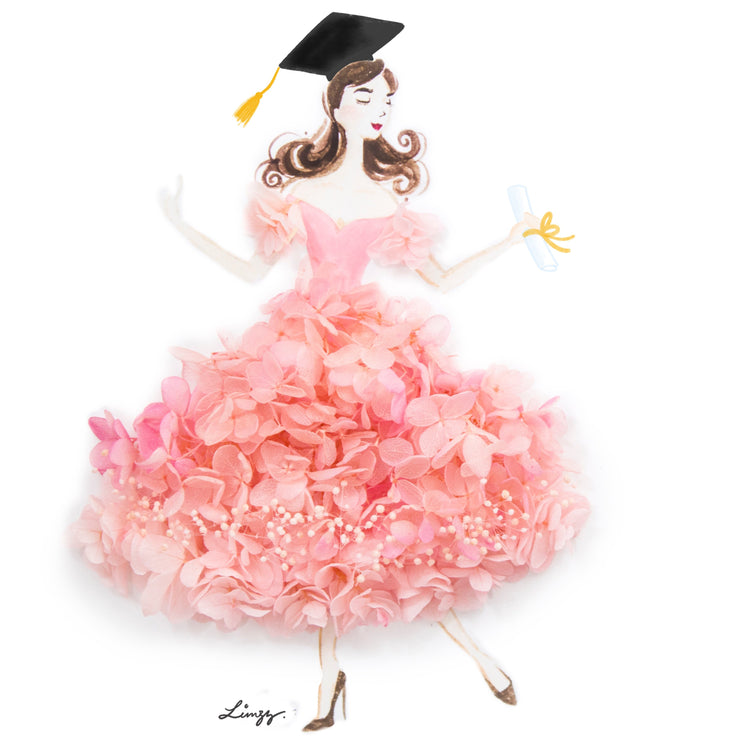 Artprint with Preserved Flowers-Dancing Graduation Girl-Peach Pink-Classic Square ( 25 x 25 cm )-Completed Piece-Love Limzy Co.