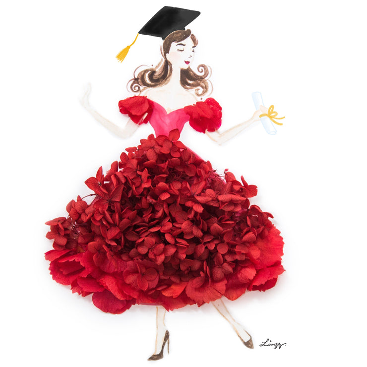Artprint with Preserved Flowers-Dancing Graduation Girl-Russian Red-Classic Square ( 25 x 25 cm )-Completed Piece-Love Limzy Co.