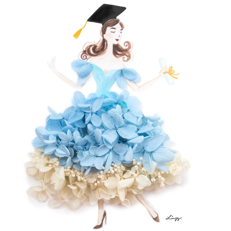 Artprint with Preserved Flowers-Dancing Graduation Girl-Sea Blue-Classic Square ( 25 x 25 cm )-Completed Piece-Love Limzy Co.