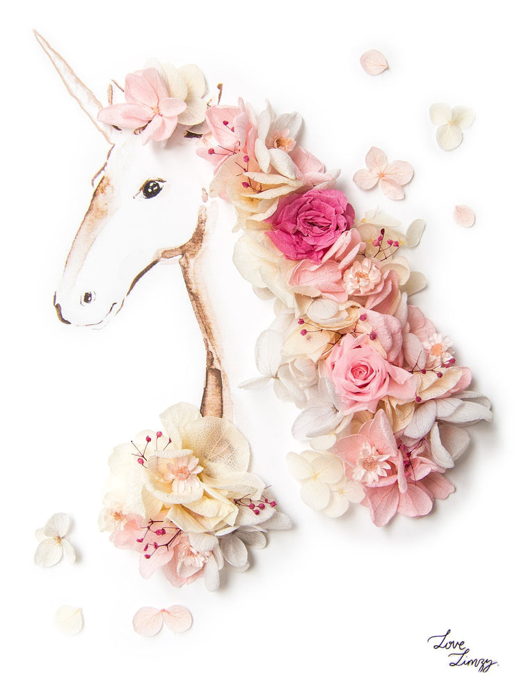 Artprint with Preserved Flowers-Floral Unicorn-Peach Pink-Petite A5 ( 18 x 24 cm )-Completed Piece-Love Limzy Co.