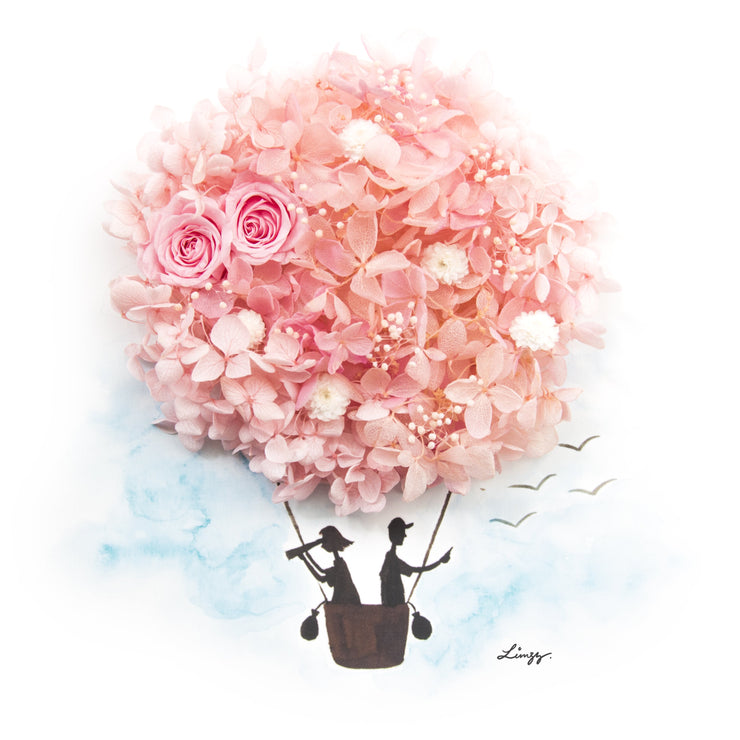 Artprint with Preserved Flowers-Hot Air Balloon-Peach Pink-Classic Square ( 25 x 25 cm )-Completed Piece-Love Limzy Co.