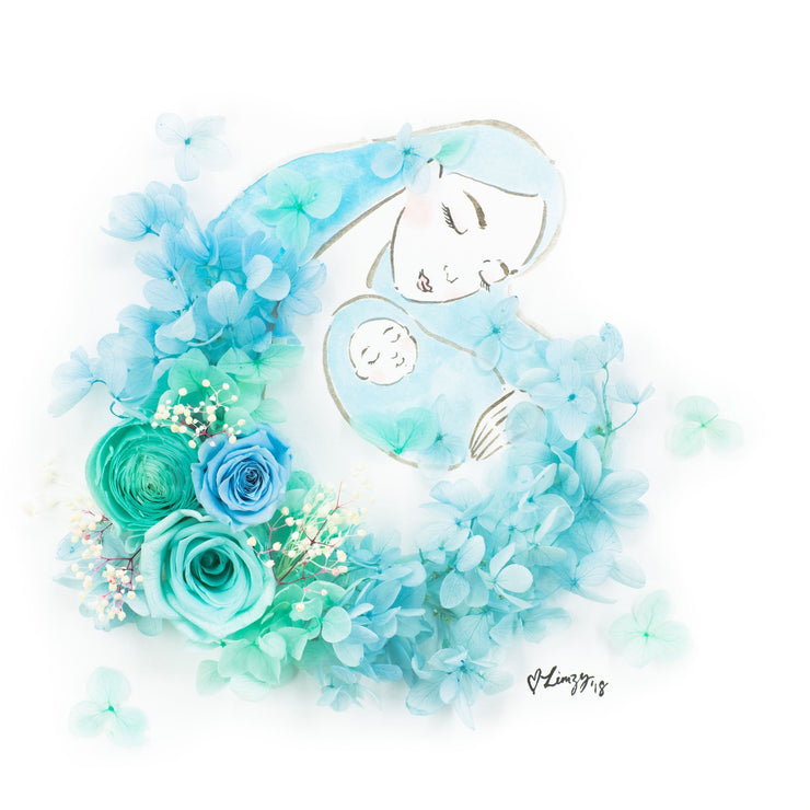 Artprint with Preserved Flowers-Mother and Child-Cotton Blue-Classic Square ( 25 x 25 cm )-Completed Piece-Love Limzy Co.
